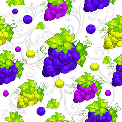 Seamless pattern with cluster grapes and green leaves on