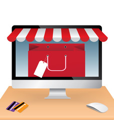 Red shopping paper bag in computer with credit card, e-commerce concept vector