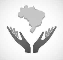 Two vector hands offering  a map fo Brazil