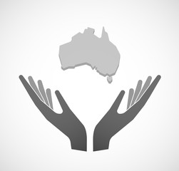 Two vector hands offering  a map of Australia