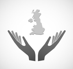 Two vector hands offering  a map of the UK