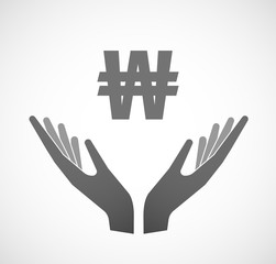 Two vector hands offering a won currency sign