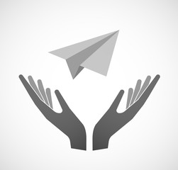 Two vector hands offering a paper plane