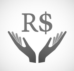 Two vector hands offering a brazillian real currency sign