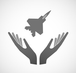 Two vector hands offering a combat plane