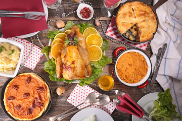 guinea fowl, apple pie,mashed potato and pumpkin pie