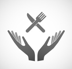 Two vector hands offering a knife and a fork