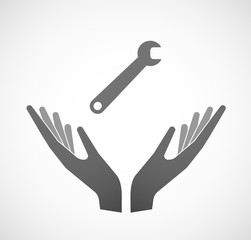 Two vector hands offering a spanner