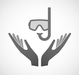Two vector hands offering a diving goggles