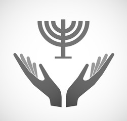 Two vector hands offering a chandelier