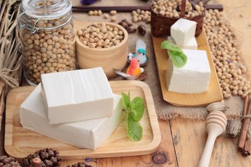 Obraz na płótnie Canvas Tofu and soybeans on wood background.
