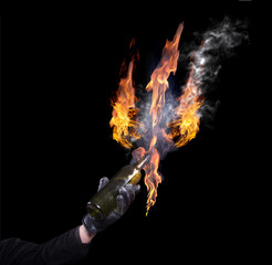 A bottle with Molotov cocktails. The flame in the form of trident. isolated. A series of images.