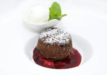 chocolate dessert with ice cream on a white background