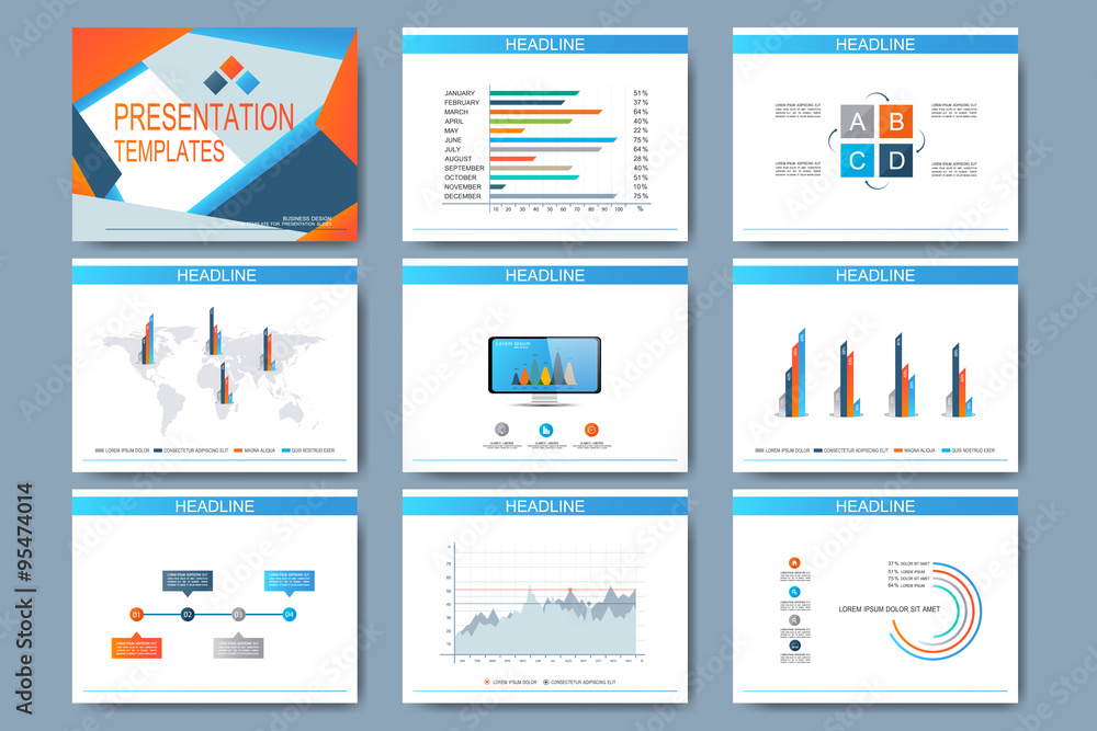 Aufkleber Set of vector templates for multipurpose presentation slides. Modern business design with graph and charts