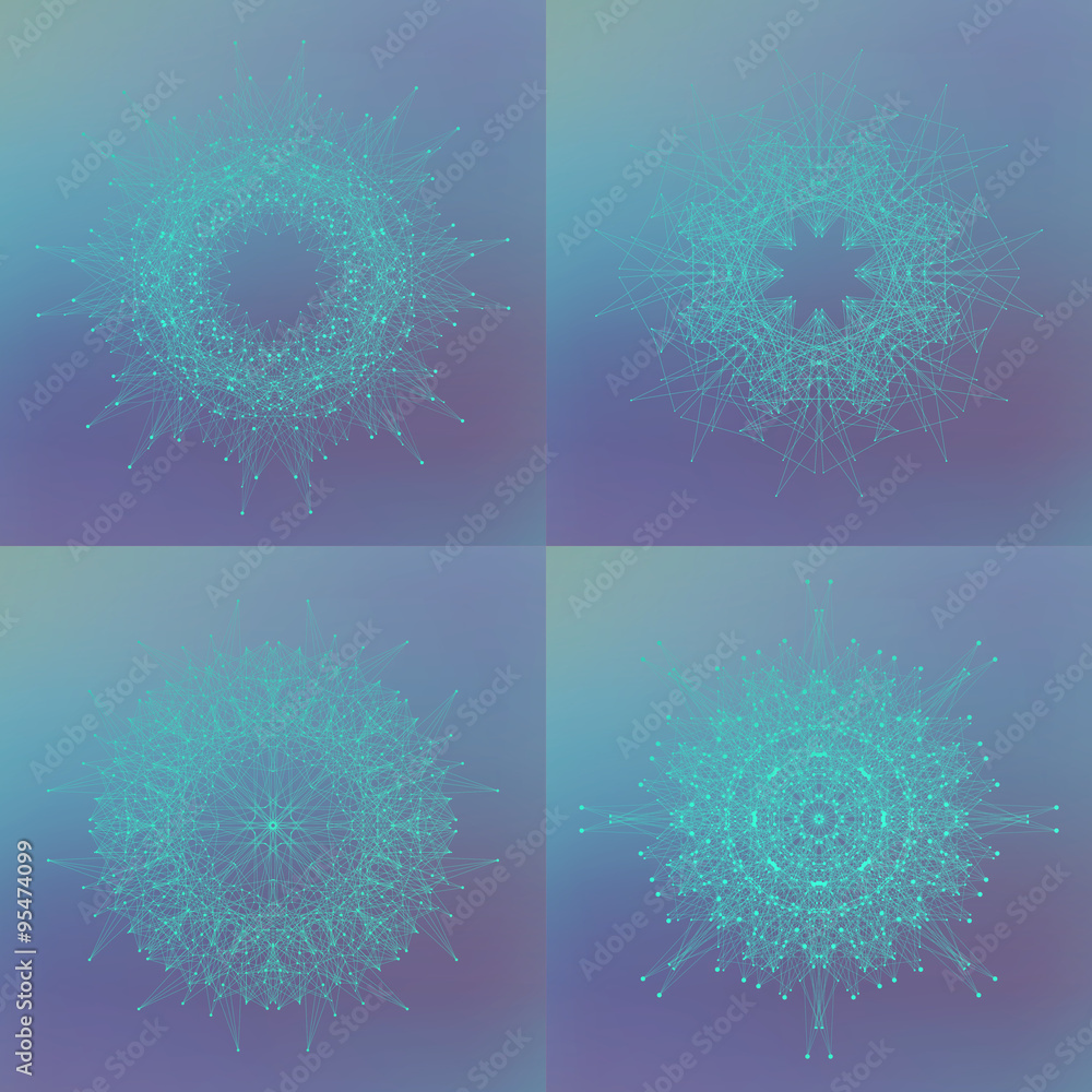 Poster Set of geometric abstract form with connected lines and dots. Vector illustration