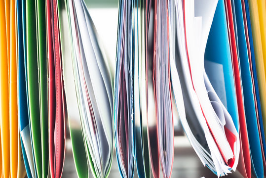 Close-up of hanging folders