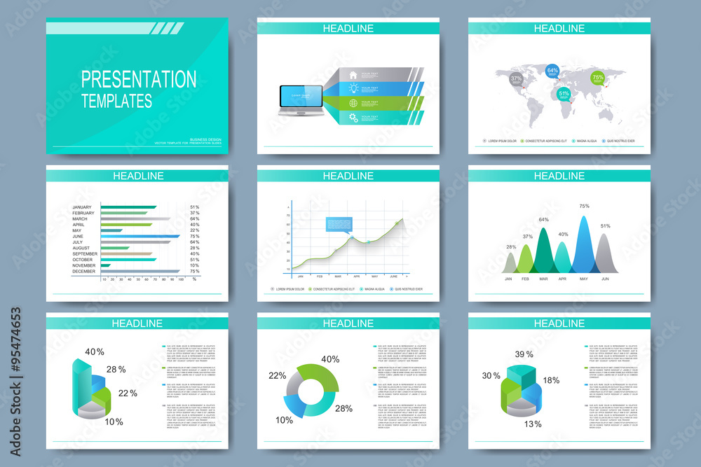 Aufkleber Set of vector templates for multipurpose presentation slides. Modern business design with graph and charts