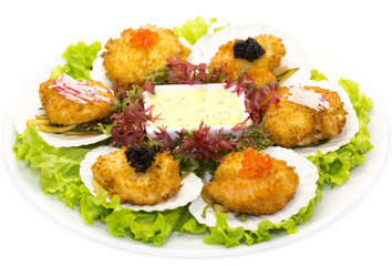 scallops in batter decorated eggs and salad