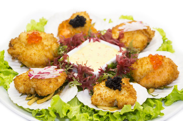 scallops in batter decorated eggs and salad