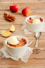 Apple and black currant crumble with ice cream on rustic wooden table