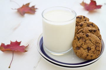 Milk and cookies with fall leaves decoration
