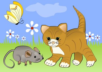 Kitten watching mouse on the green blooming meadow. Yellow butterfly flying over white flowers. Cheerful spring illustration with animals cartoon. 