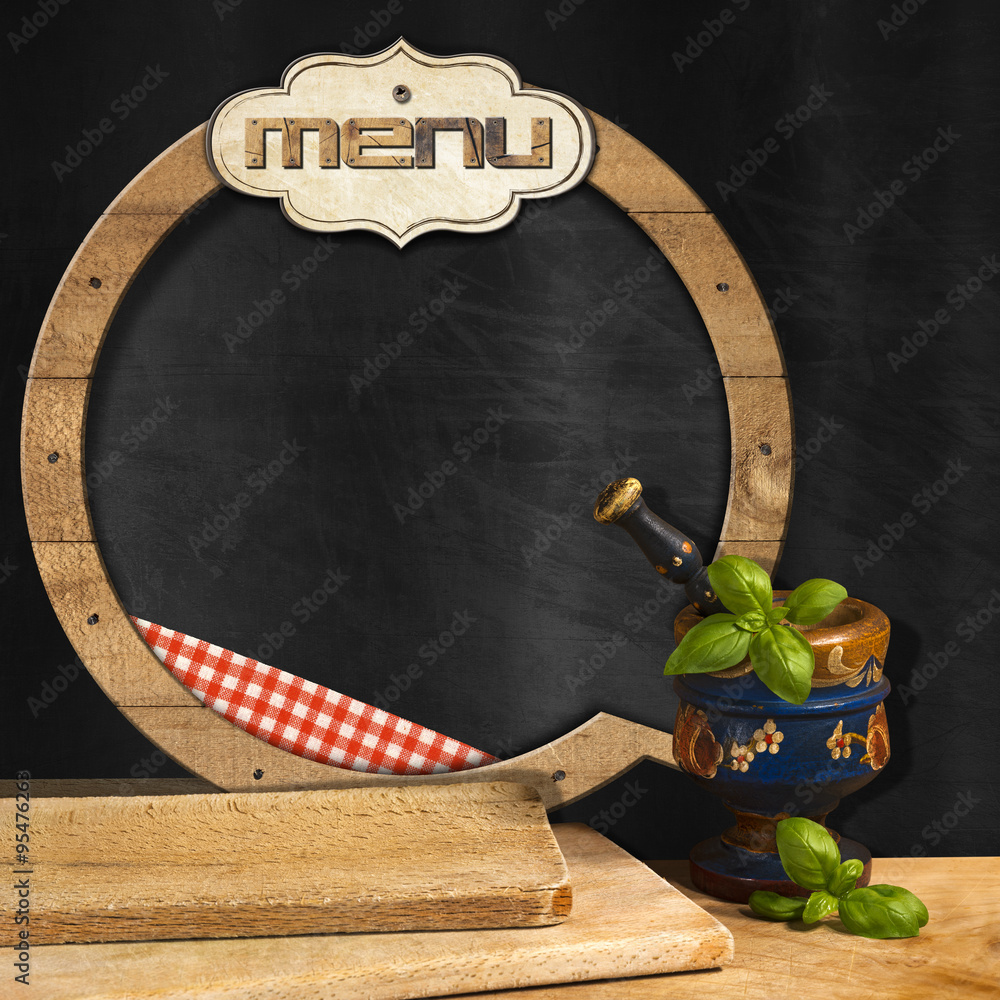 Poster blackboard menu in the kitchen / empty round blackboard with wooden frame and label with text menu, 