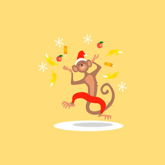 Christmas Monkey with Confetti Fruit. Vector Illustration.