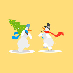 Two Funny Snowmen with a Christmas Tree. Vector Illustration