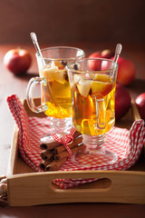glass of mulled cider with orange and spices, winter hot drink