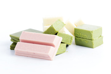 Group of green tea ,strawberry and white chocolate