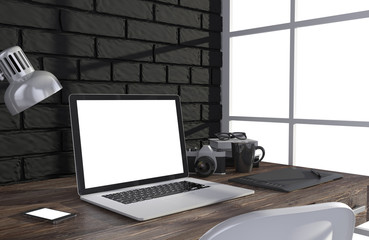 Fototapeta premium 3D illustration laptop and work stuff on table near brick wall, Workspace