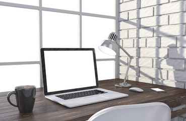 3D illustration laptop and work stuff on table near brick wall, Workspace