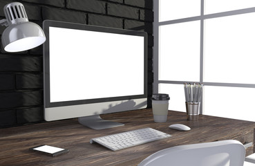 Fototapeta premium 3D illustration PC screen on table in office, Workspace