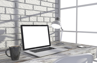 Fototapeta premium 3D illustration laptop and work stuff on table near brick wall, Workspace