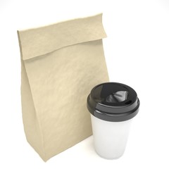 Coffee to go and lunch bag, on white.
