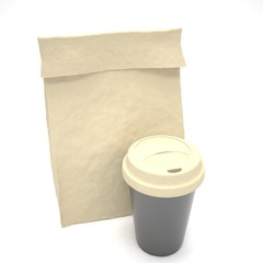 Coffee to go and lunch bag, on white.