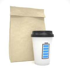 Coffee to go and lunch bag, on white.