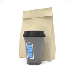 Coffee to go and lunch bag, on white.