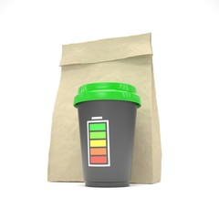 Coffee to go and lunch bag, on white.