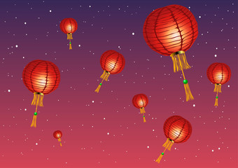 Vector illustration. Chinese lanterns against the sunset and the stars.
