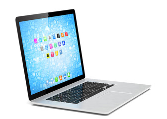 3d rendering of a laptop with blue wallpaper with app icon
