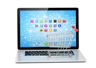 Shopping cart on laptop. 