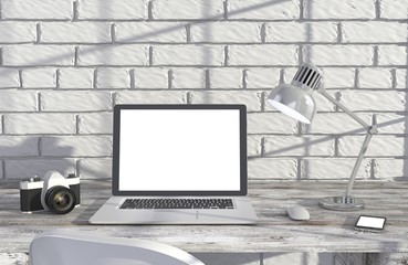 Fototapeta premium 3D illustration laptop and work stuff on table near brick wall, Workspace