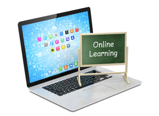  Laptop with chalkboard, online education concept