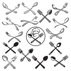 Obraz premium black illustration of spoon, fork and chef hat
