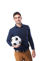 man offering a soccer ball