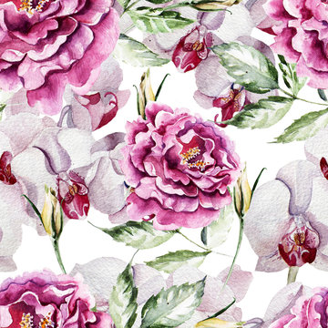 Pattern with delicate peony flowers and orchids 
