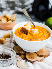 Pumpkin soup with carrots, croutons, vegetarian,selective focus
