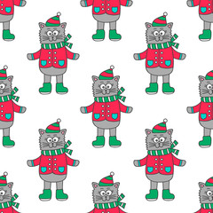 Winter cat. Pattern with hand drawn doodle cat in winter clothes. Cute cat for kids design. Vector. Isolated.